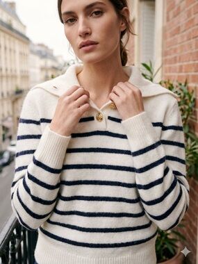 Paris Atelier Oversized Polo Collar Sz XS Euro Wool Alpaca Striped Sweater Navy